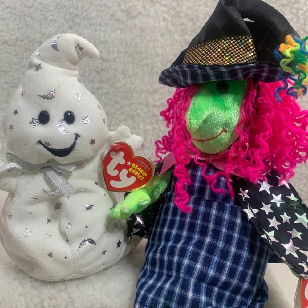 Ty Beanie Babies Halloween green Witch Scary & White ghost Vanish plush 2000's